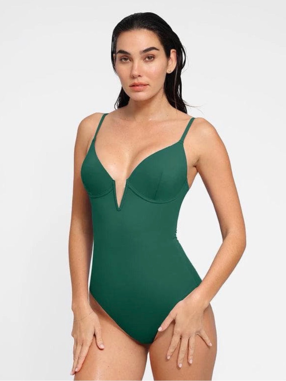 Popilush V-Plunge One-Piece Swimsuit - Deep Green (L)